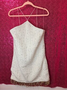 entro Cream Tweed Halter Mini Dress with Gold Fringe